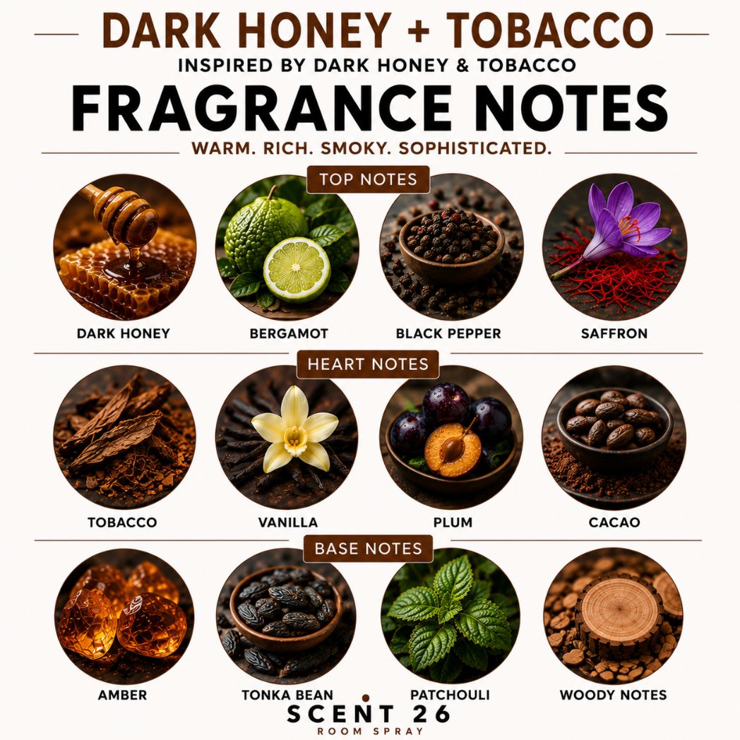 Fragrance notes infographic for Dark Honey + Tobacco room spray showing honey, tobacco, vanilla, tonka bean and amber fragrance notes.