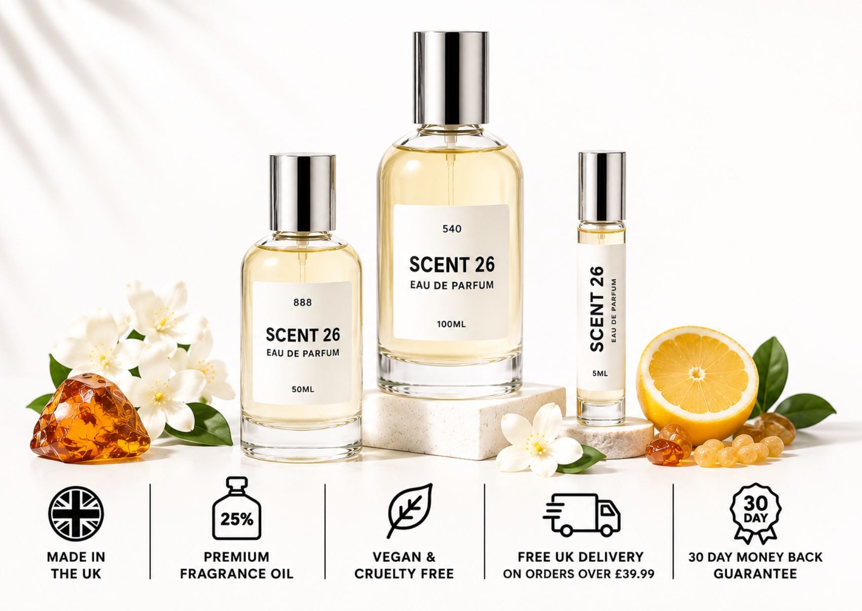 Scent 26 designer inspired perfume bottles in 5ml, 50ml and 100ml sizes