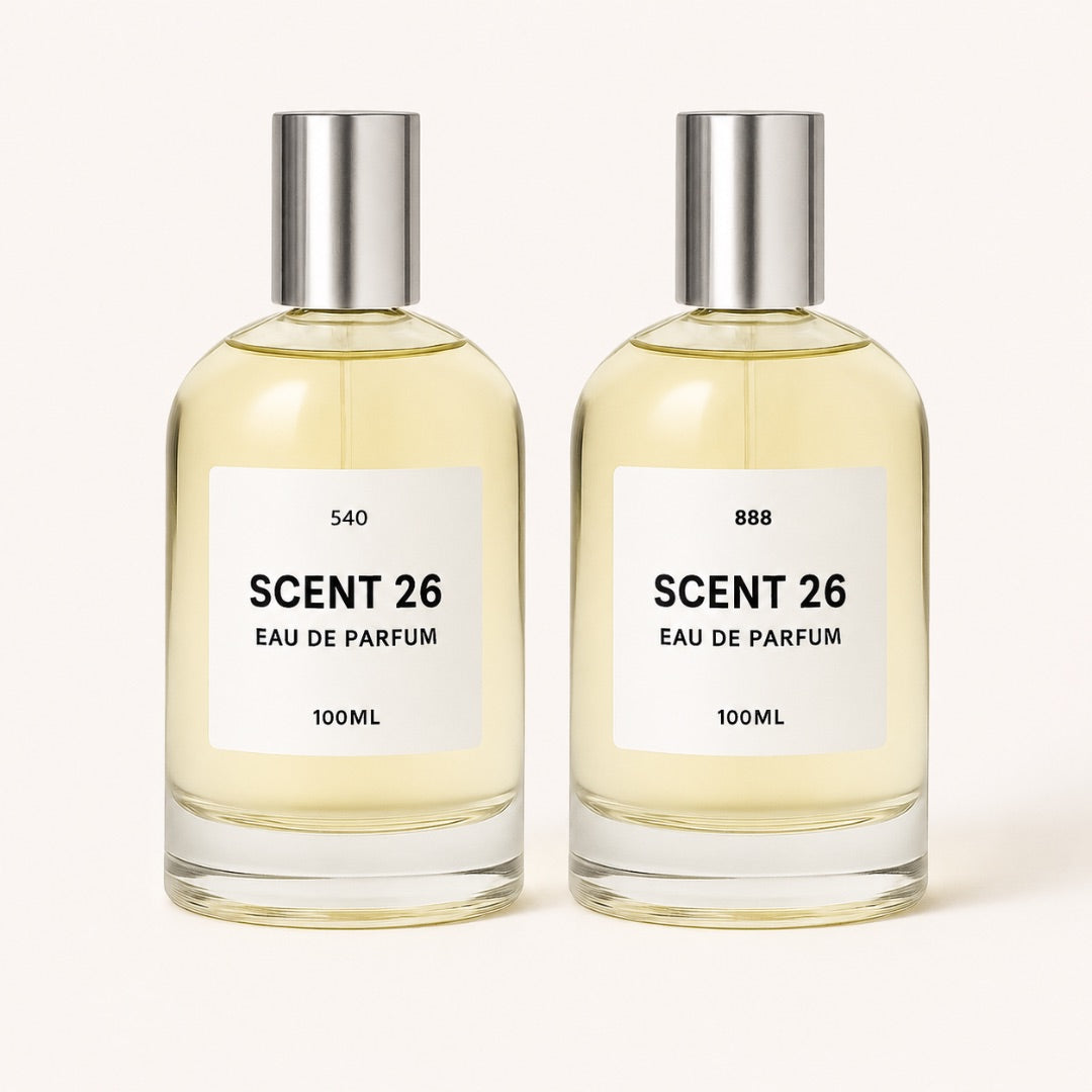  Two Scent 26 100ml eau de parfum bottles displayed side by side