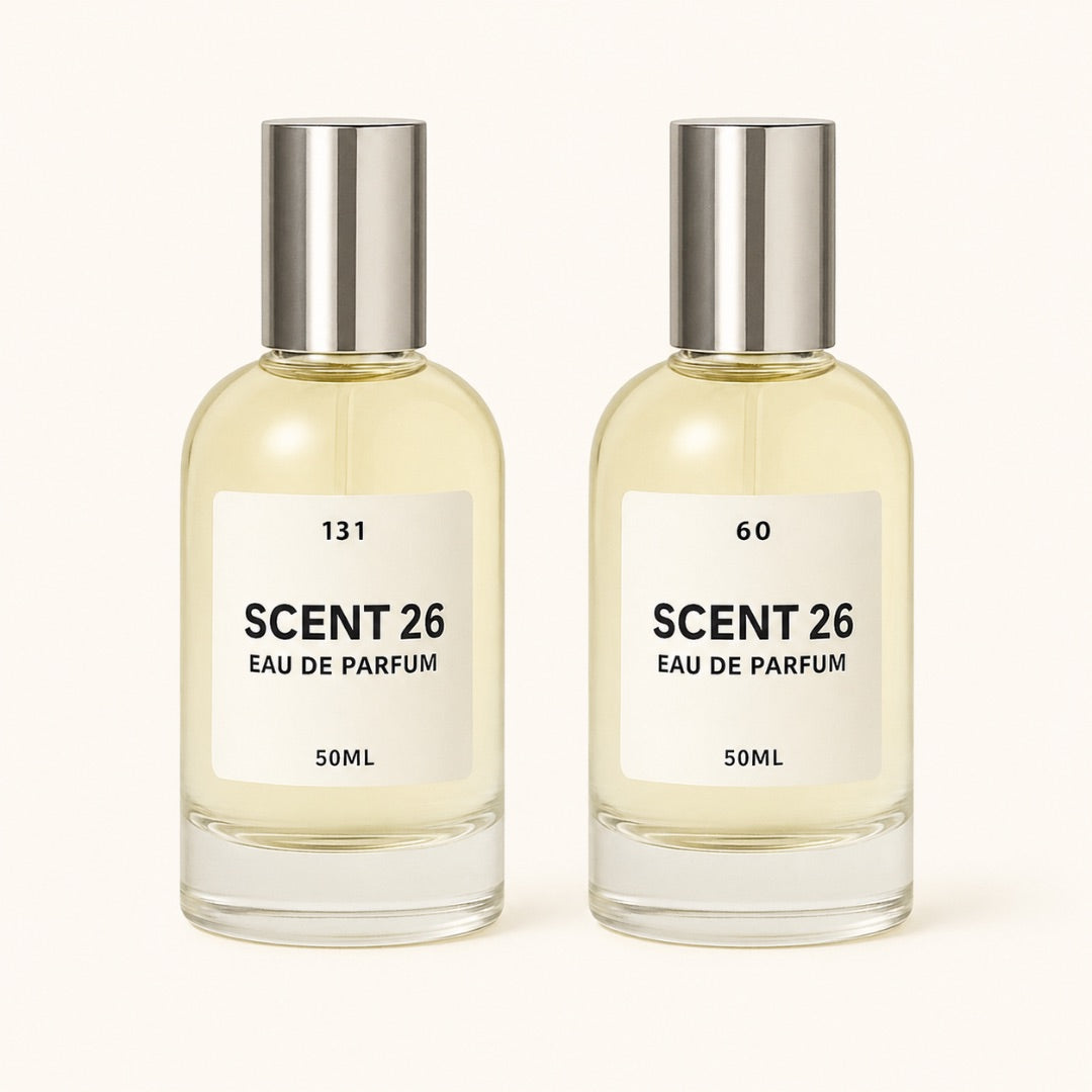Two Scent 26 50ml eau de parfum bottles displayed side by side