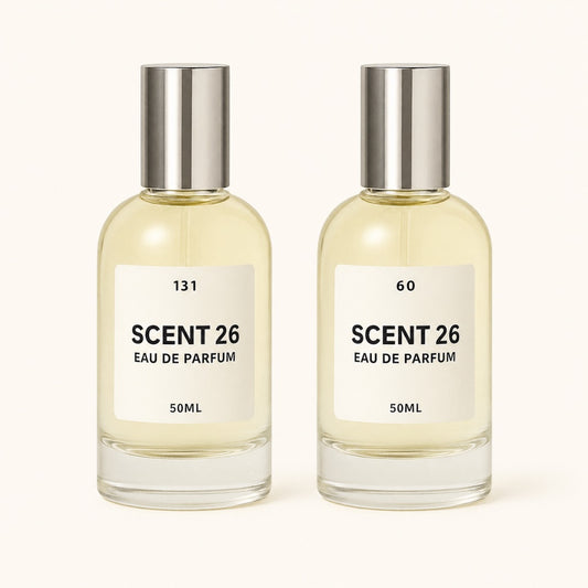 Two Scent 26 50ml eau de parfum bottles displayed side by side