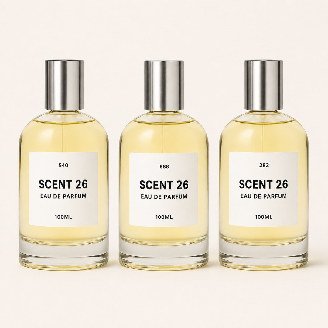  Three Scent 26 100ml eau de parfum bottles displayed side by side