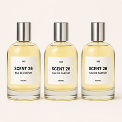  Three Scent 26 100ml eau de parfum bottles displayed side by side