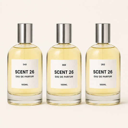  Three Scent 26 100ml eau de parfum bottles displayed side by side