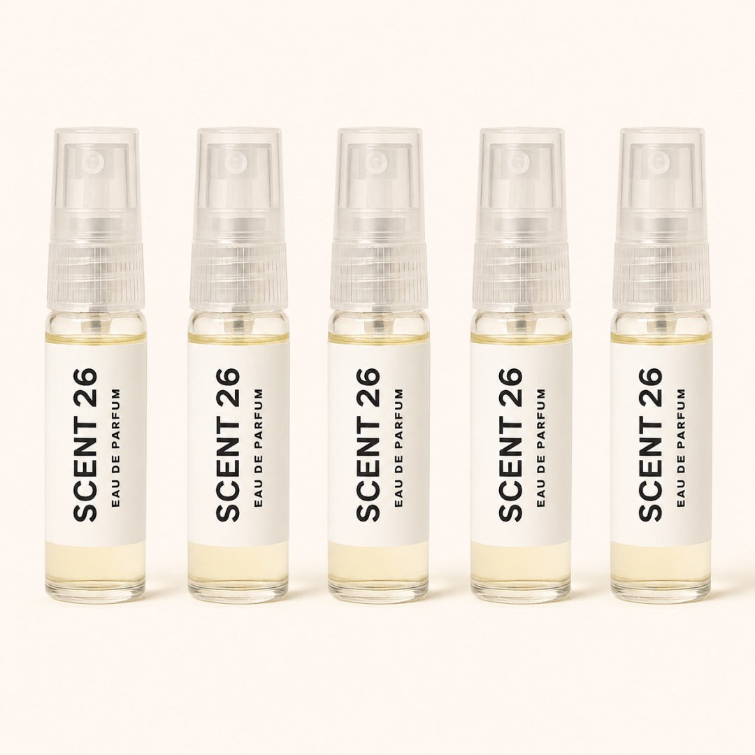Five Scent 26 5ml eau de parfum sample sprays displayed side by side