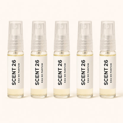 Five Scent 26 5ml eau de parfum sample sprays displayed side by side