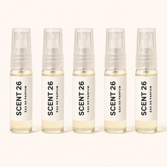 Five Scent 26 5ml eau de parfum sample sprays displayed side by side