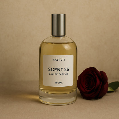 Perfume bottle labeled 'Scent 26' by HALFETI with a red rose on a beige background