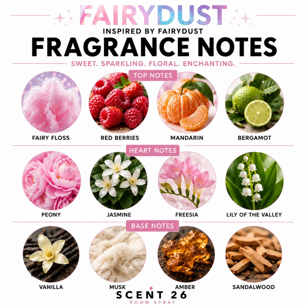 Fragrance notes infographic for Fairydust room spray showing fairy floss, berries, peony, vanilla and sandalwood fragrance notes.