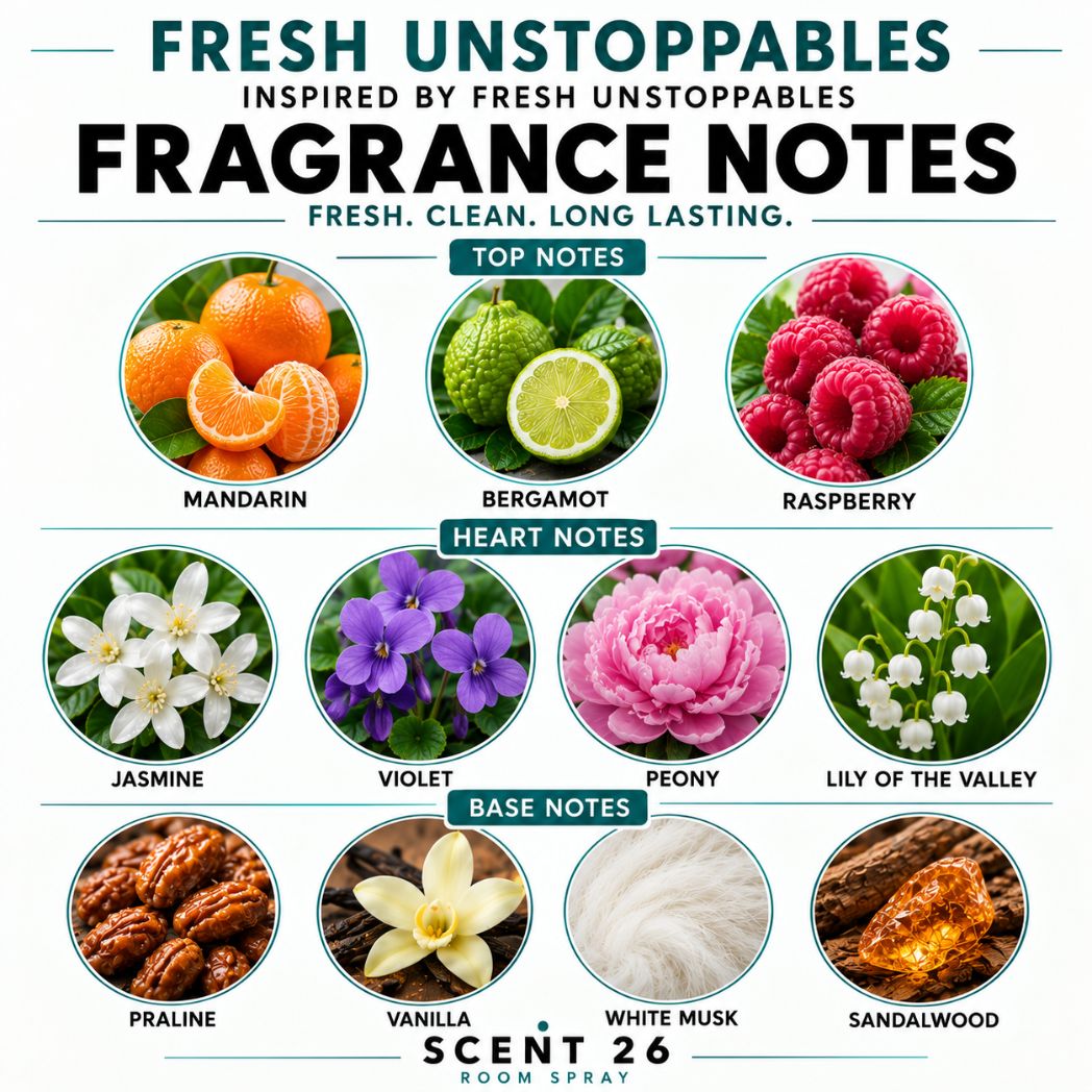 Fragrance notes infographic for Fresh Unstoppables room spray showing citrus, floral, fresh linen and musk fragrance notes.