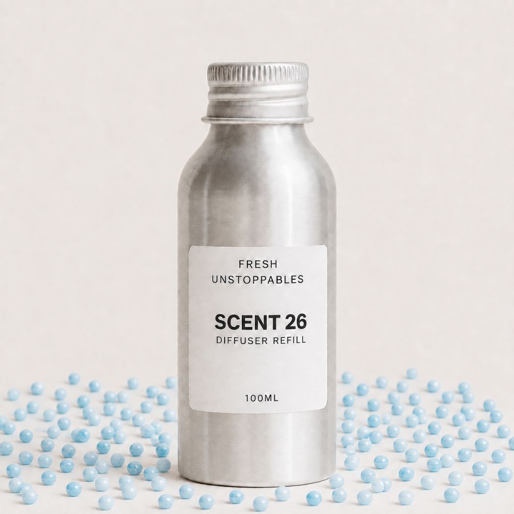 A silver metal diffuser refill bottle labeled 'SCENT 26' with a white label reading 'FRESH UNSTOPPABLES' and '100ML', standing upright on a light beige surface surrounded by scattered light blue beads.