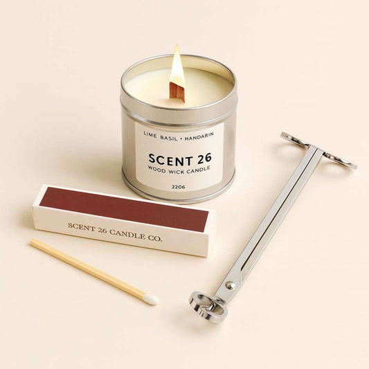 Tin Candle Gift Set with Wood Wick Candle, Wick Trimmers, and Matches in White Magnetic Gift Box