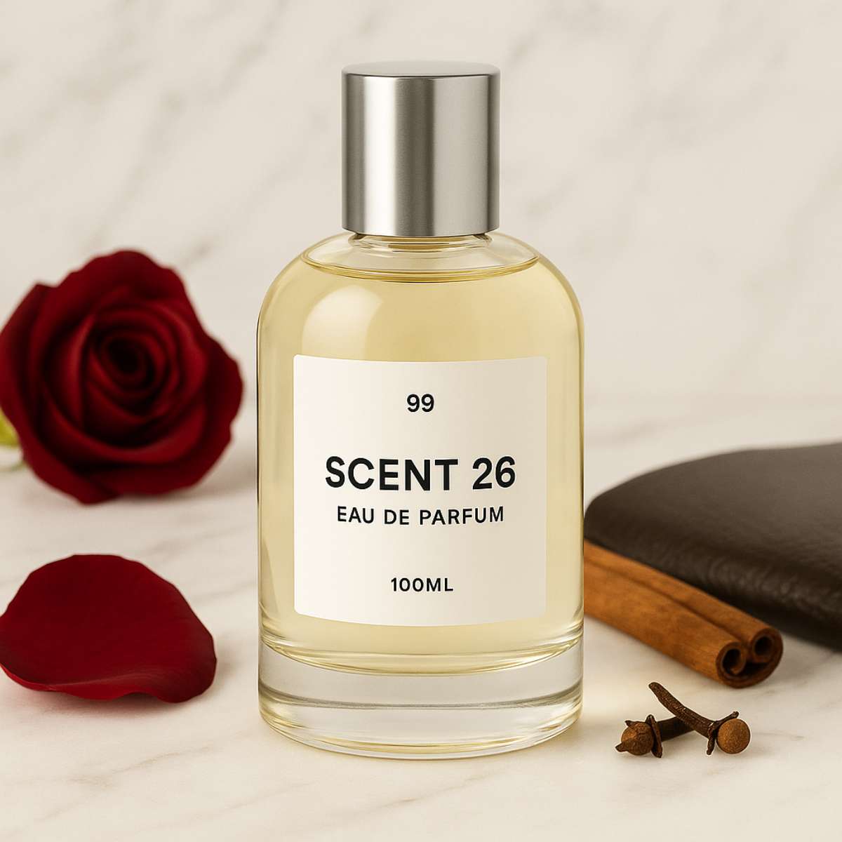 100ml bottle of Halfeti designer-inspired dupe perfume UK by Scent 26, warm and spicy unisex fragrance