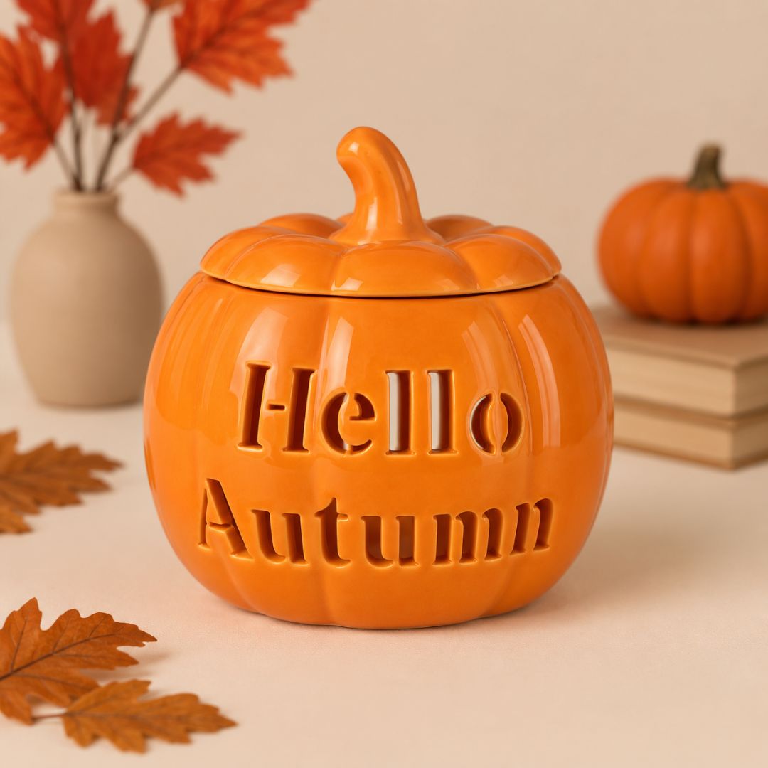 An orange pumpkin-shaped ceramic jar with a lid and the words 'Hello Autumn' embossed on the front, styled on a beige surface with fall leaves, a small vase, and a small pumpkin in the background.