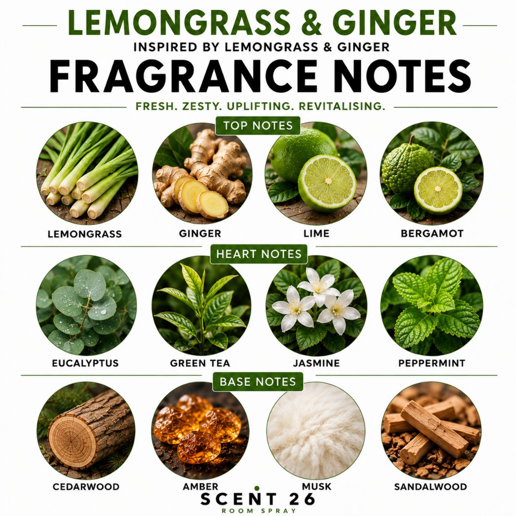 Fragrance notes infographic for Lemongrass & Ginger room spray showing lemongrass, ginger, lime, eucalyptus and sandalwood fragrance notes.