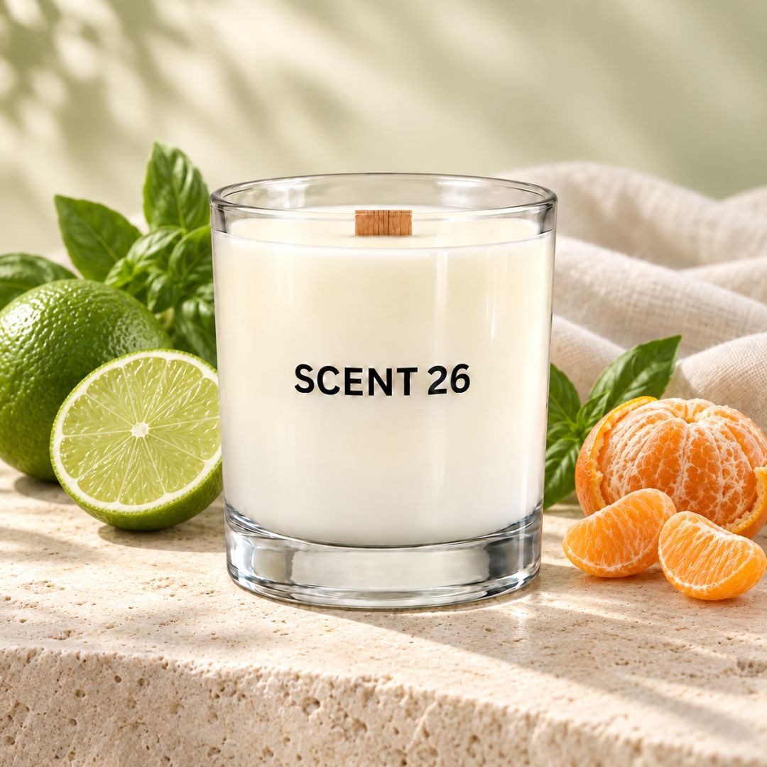 A clear glass candle jar labeled 'SCENT 26' filled with white wax, styled on a stone surface with limes, mint leaves, and orange slices around it.