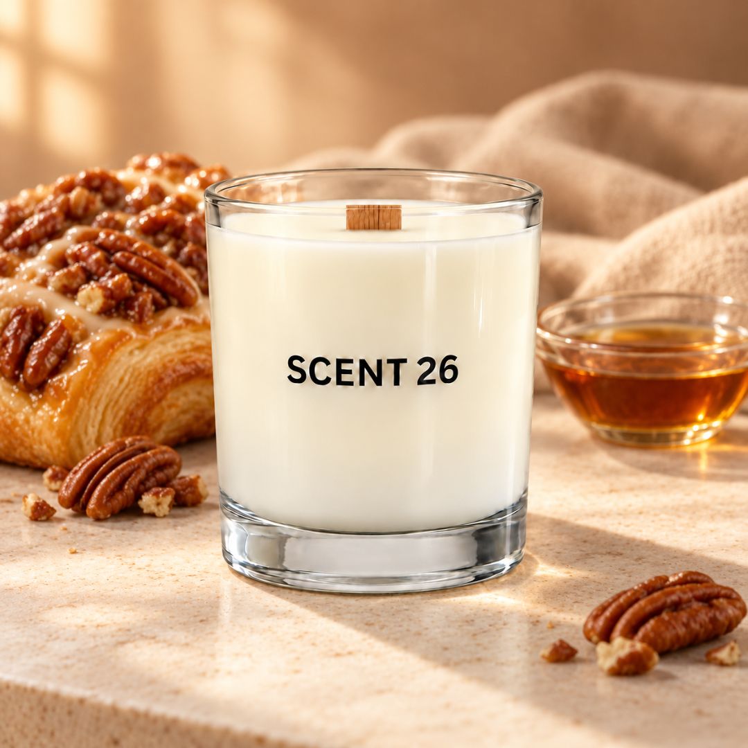 A clear glass candle jar labeled 'SCENT 26' filled with white wax, styled on a beige surface with a pastry, pecans, and a small bowl of amber liquid in the background.