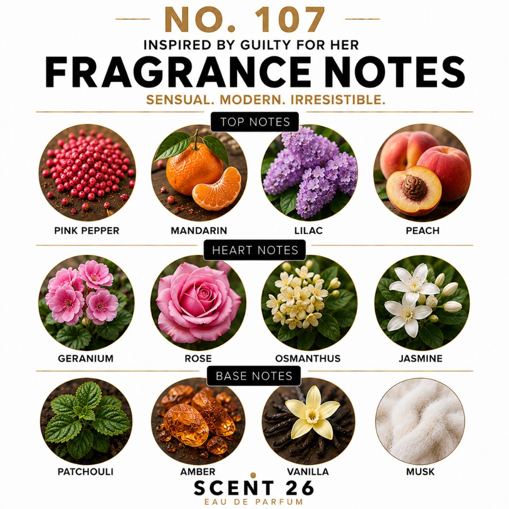 A fragrance notes graphic for 'No. 107 Fragrance Notes' by Scents 26 Eau de Parfum, showing top, heart, and base notes in circular photos: pink pepper, mandarin, lilac, peach, pink flowers, rose, osmanthus, jasmine, patchouli, amber, vanilla, and musk.