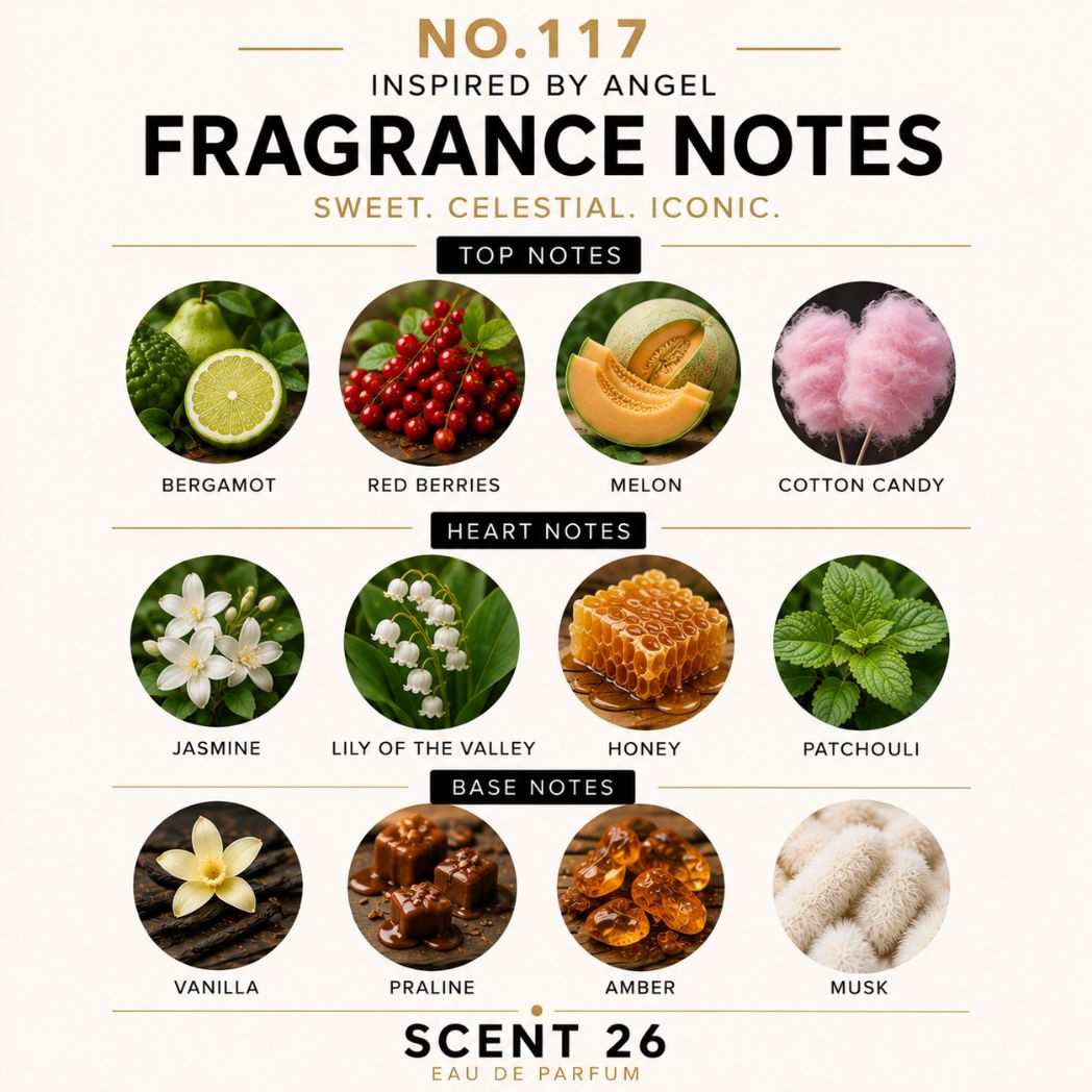 A fragrance notes graphic for Scent 26's No. 117 Fragrance Notes, showing circular images and labels for top notes (bergamot, red berries, melon, cotton candy), heart notes (jasmine, lily of the valley, honey, patchouli), and base notes (vanilla, praline, amber, musk) on a cream background.