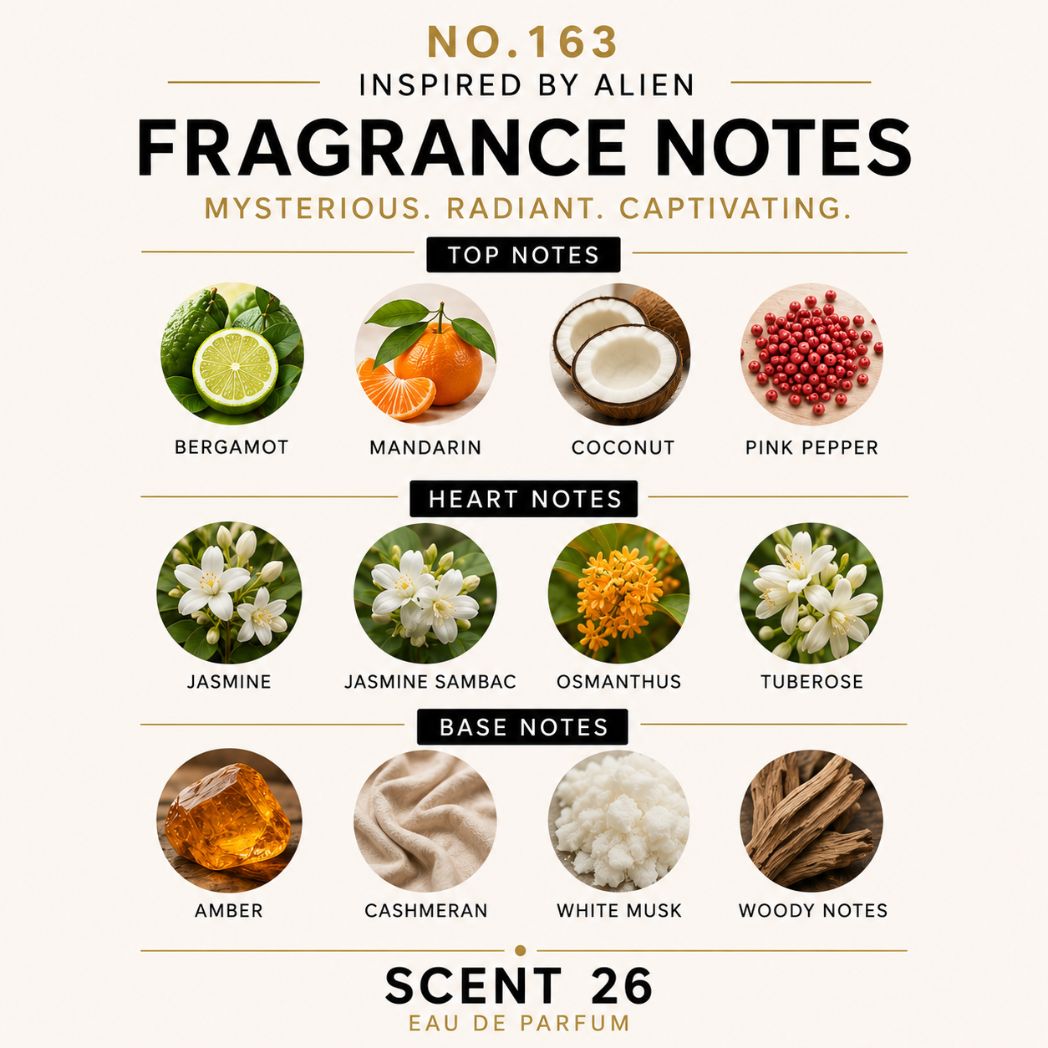 A fragrance notes graphic for 'No. 163 Fragrance by Alien' showing top, heart, and base notes with circular ingredient photos and labels: bergamot, mandarin, coconut, pink pepper, jasmine, jasmine sambac, osmanthus, tuberose, amber, cashmeran, white musk, and woody notes.
