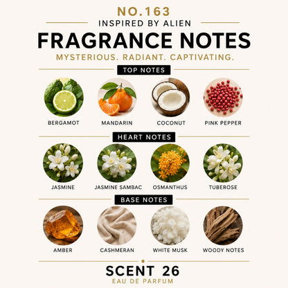 A fragrance notes graphic for 'No. 163 Fragrance by Alien' showing top, heart, and base notes with circular ingredient photos and labels: bergamot, mandarin, coconut, pink pepper, jasmine, jasmine sambac, osmanthus, tuberose, amber, cashmeran, white musk, and woody notes.