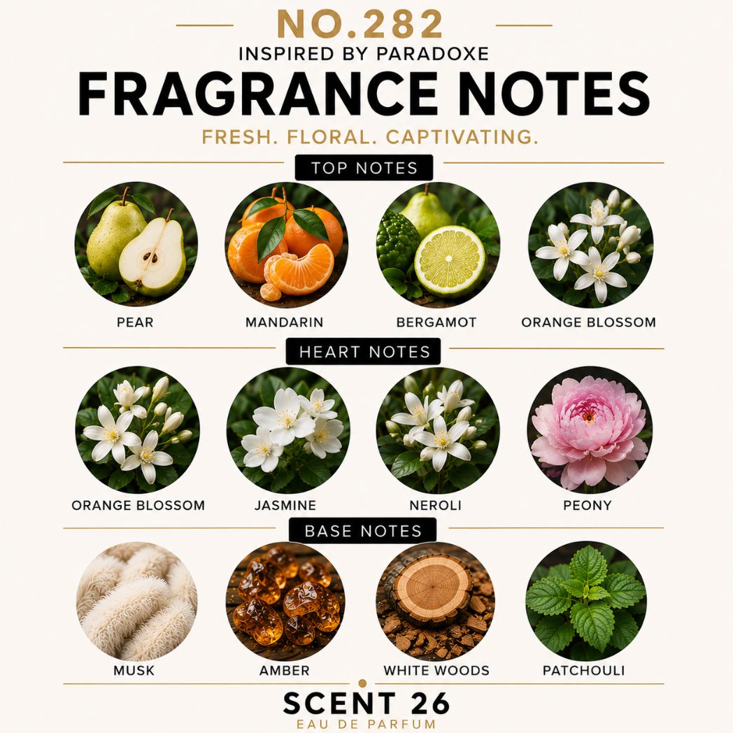 A fragrance notes graphic titled 'FRAGRANCE NOTES' with the text 'NO.282 INSPIRED BY PARADOXE' and 'FRESH.