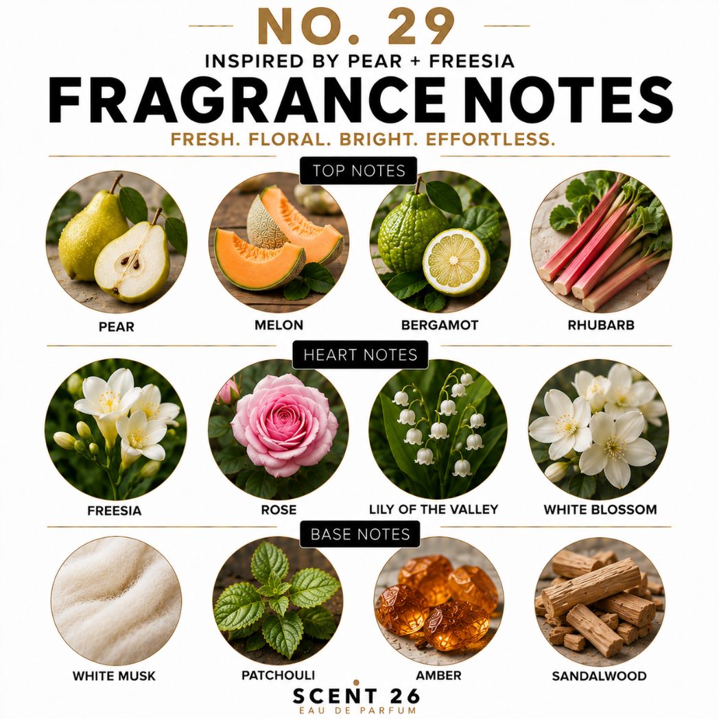A fragrance notes board for 'No. 29 Fragrance Notes' by Scent 26 Studio, featuring pear, melon, bergamot, rhubarb, freesia, rose, lily of the valley, white blossom, white musk, patchouli, amber, and sandalwood, categorized as top notes, heart notes, and base notes.