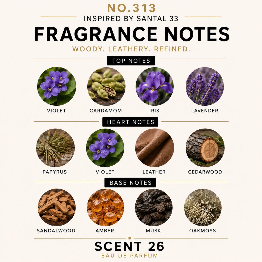 A fragrance notes graphic for Scent 26 Eau de Parfum, inspired by Santal 33. It features a grid of circular images representing top, heart, and base notes: violet, cardamom, iris, lavender, papyrus, leather, cedarwood, sandalwood, amber, musk, and oakmoist.
