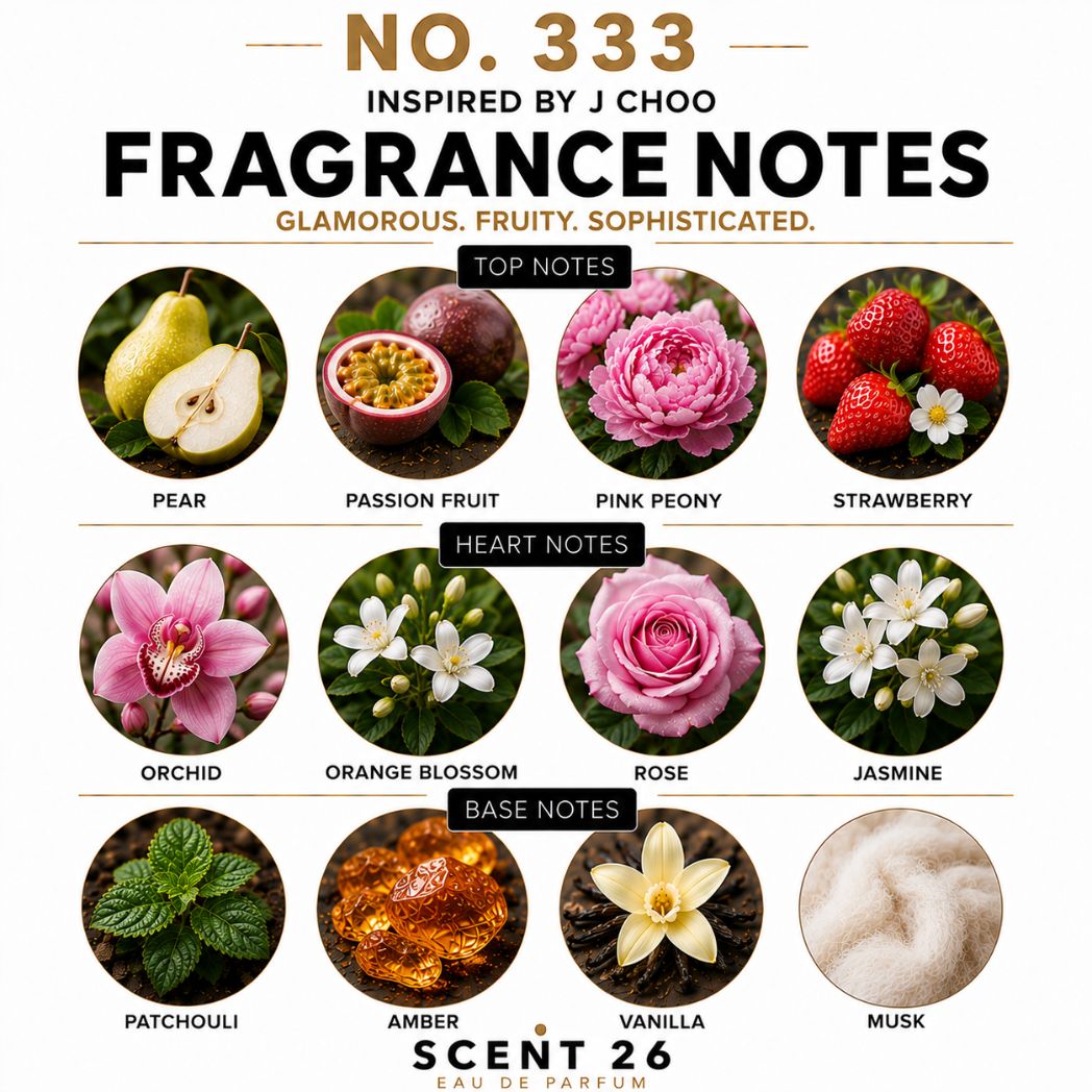 A fragrance notes graphic for 'No. 333' by J Choo from Scented 6, featuring circular images of pear, passion fruit, pink peony, strawberry, orchid, orange blossom, rose, jasmine, patchouli, amber, vanilla, and musk with labeled top, heart, and base notes.