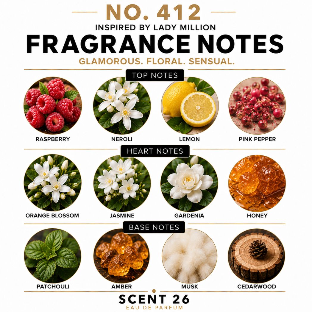 A fragrance notes graphic for 'No. 412 Fragrance Notes' by Scent 26 Eau de Parfum, inspired by Lady Million.