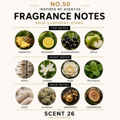 A fragrance notes chart titled 'FRAGRANCE NOTES' with 'NO.50 INSPIRED BY AVENTUS' at the top.