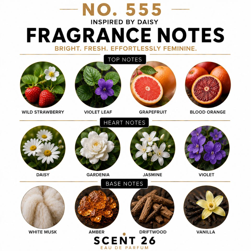 A fragrance notes graphic for Scent 26's No. 555 Eau de Parfum, inspired by Daisy.