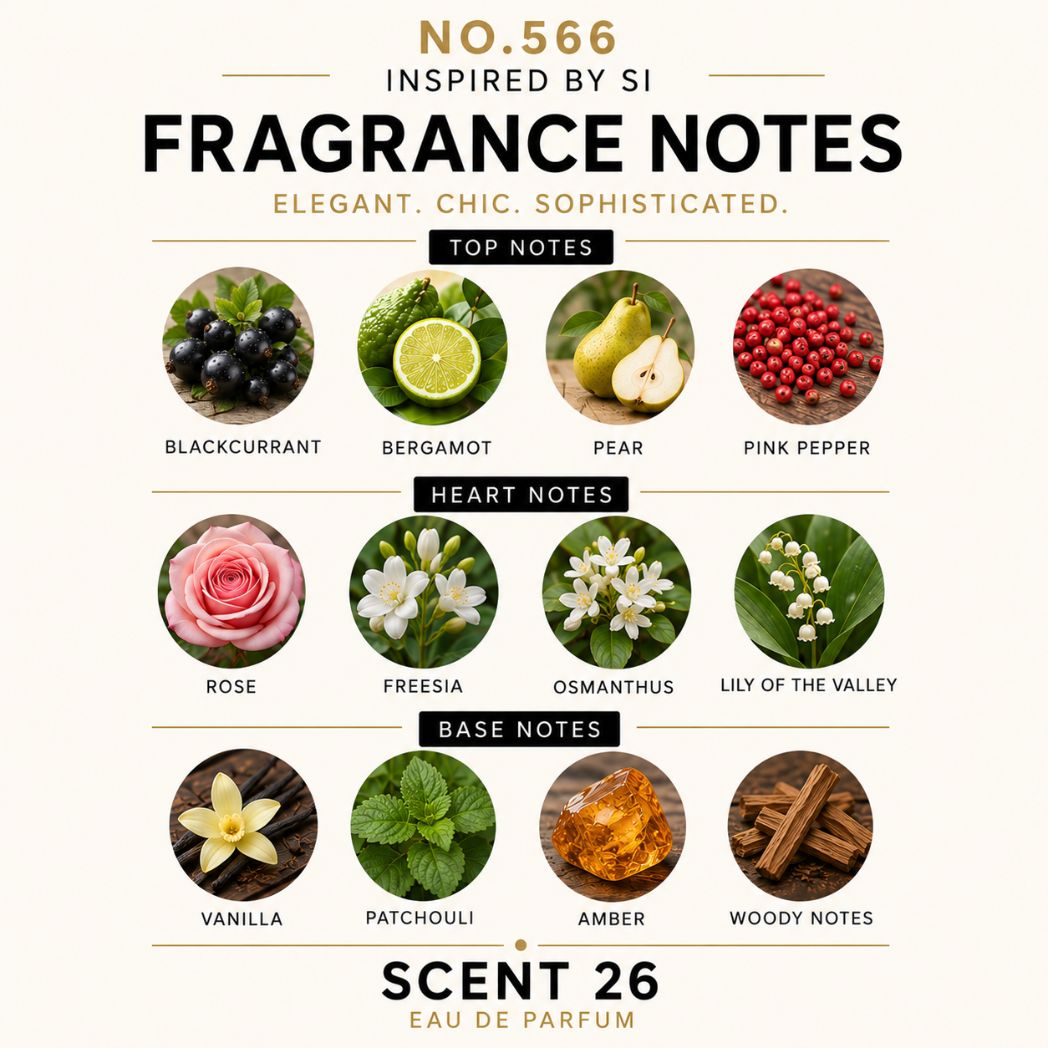 A fragrance notes chart for Scent 26 Eau de Parfum, inspired by Si. The graphic displays twelve circular images of scents categorized as Top Notes (Blackcurrant, Bergamot, Pear, Pink Pepper), Heart Notes (Rose, Freesia, Osmanthus, Lily of the Valley), and Base Notes (Vanilla, Patchouli, Amber, Woody Notes) on a cream-colored background.