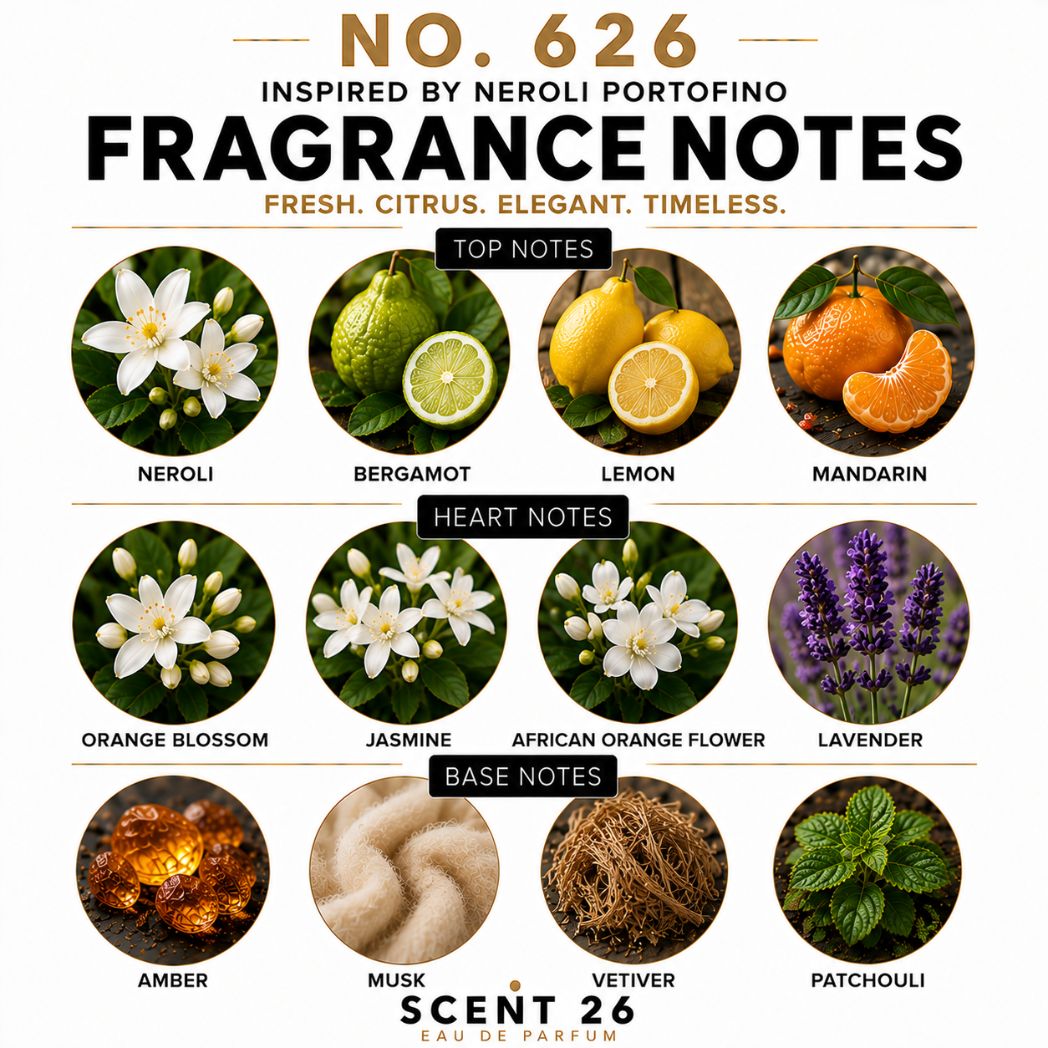 A fragrance notes graphic for Scent 26, No. 626, showing circular photos and labels for top, heart, and base notes including neroli, bergamot, lemon, mandarin, orange blossom, jasmine, African orange flower, lavender, amber, musk, vetiver, and patchouli.