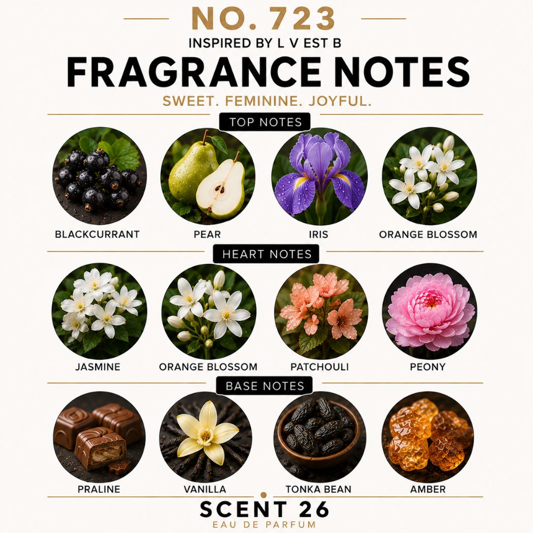 A fragrance notes graphic for Scent 26 Eau de Parfum, labeled 'No. 723 Fragrance Notes'.