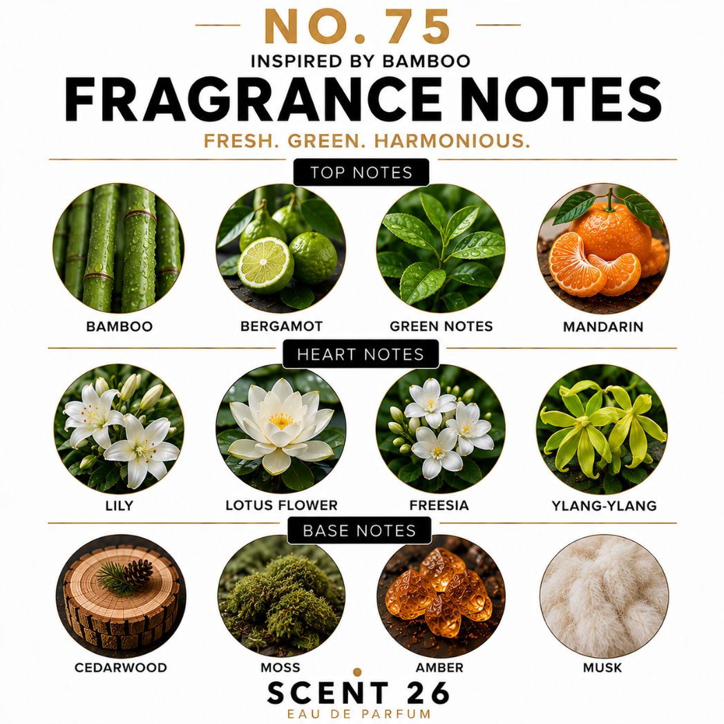 A fragrance notes board for Scent 26 Eau de Parfum, titled 'No. 75 Fragrance Notes'.