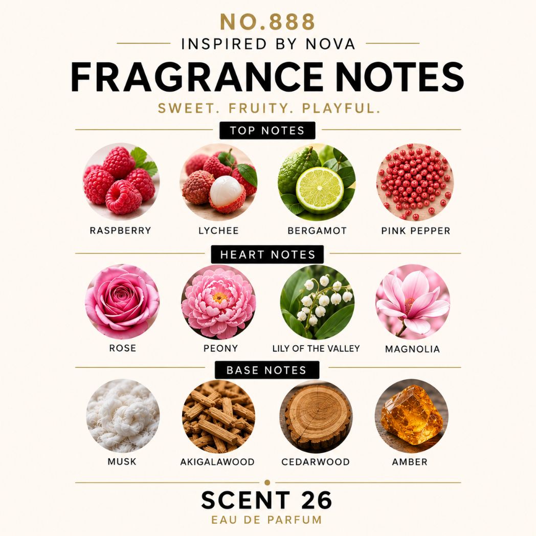 A fragrance notes graphic for Scent 26 by Nova, showing 12 circular ingredient-style photos labeled Raspberry, Lychee, Bergamot, Pink Pepper, Rose, Peony, Lily of the Valley, Magnolia, Musk, Akigawaldo, Cedarwood, and Amber under the headings Top Notes, Heart Notes, and Base Notes.