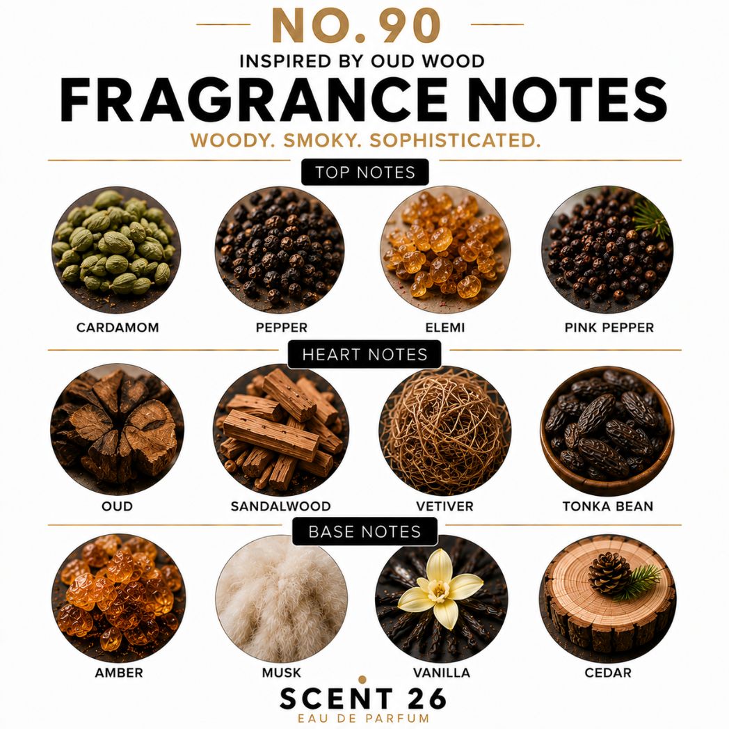 A fragrance notes chart titled 'FRAGRANCE NOTES' with the text 'NO. 90' and 'INSPIRED BY OUD WOOD'.