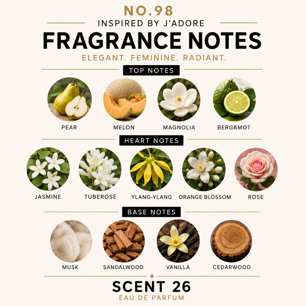 A fragrance notes graphic for 'No. 98' Eau de Parfum, inspired by J'Adore.
