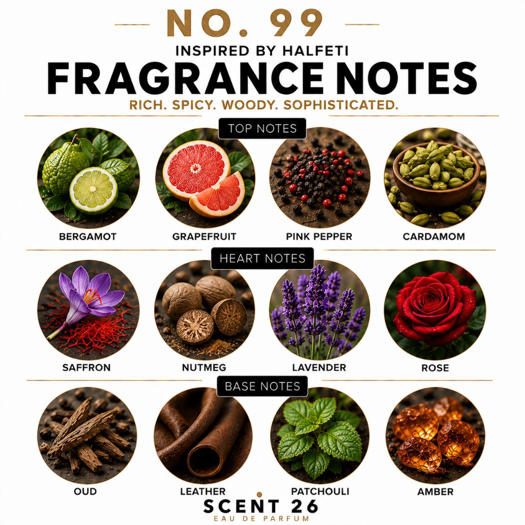 A fragrance notes graphic titled 'NO. 99 FRAGRANCE NOTES' with the tagline 'RICH.