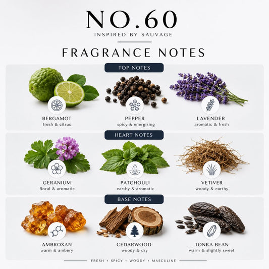 Fragrance notes infographic for 'No. 60 Inspired by Sauvage' on a white background, showing top, heart, and base notes with photos and labels for bergamot, pepper, lavender, geranium, patchouli, vetiver, ambroxan, cedarwood, and tonka bean.
