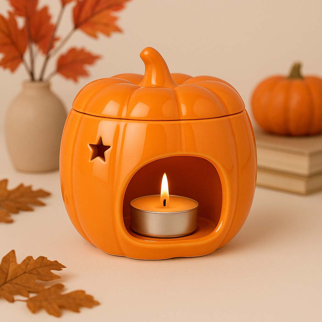 Orange pumpkin-shaped wax melt burner with intricate design, perfect for creating a cosy and festive atmosphere in any room. Ideal for use with your favourite wax melts or essential oils