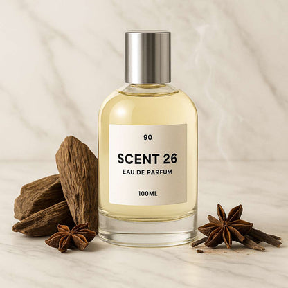 100ml bottle of Timber designer-inspired dupe perfume UK by Scent 26, woody unisex fragrance inspired by Oud Wood