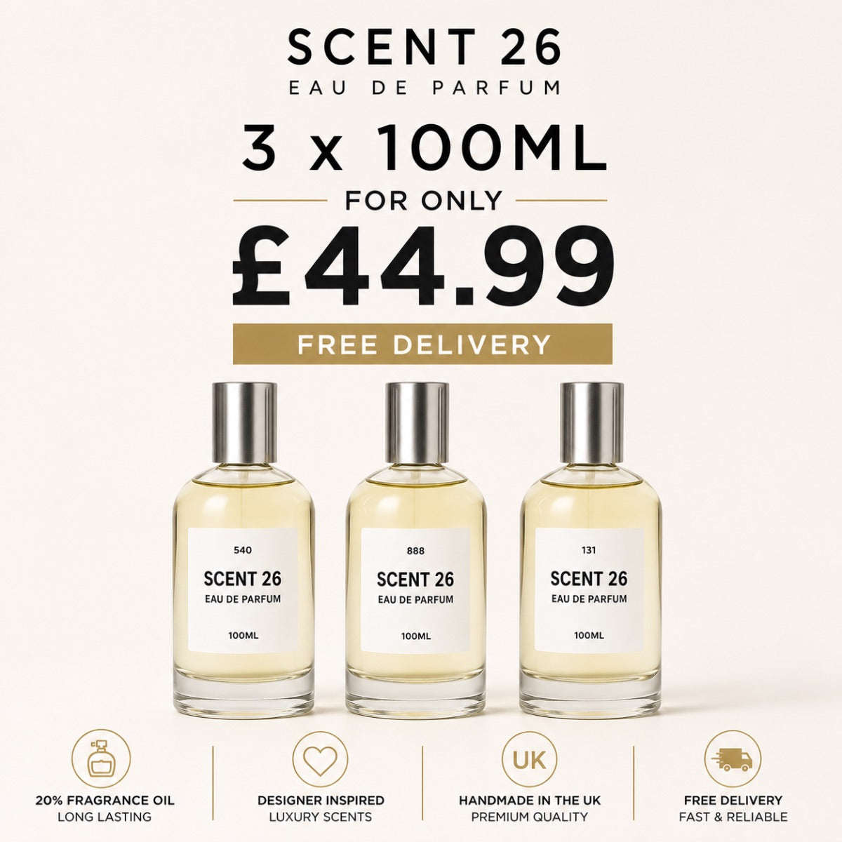 SCENT 26 designer inspired perfume bundle featuring three 100ml Eau de Parfum bottles (540, 888 and 131) on a clean ivory background with the offer “3 x 100ml for £44.99” and free delivery. Luxury minimalist fragrance promotion with silver-capped bottles and premium branding.