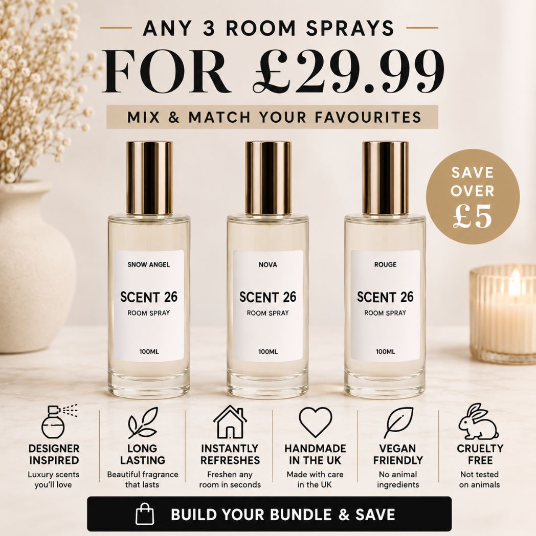 Three Scent 26 designer inspired room sprays promoting the Any 3 for £29.99 bundle offer, featuring long-lasting luxury home fragrances handmade in the UK.