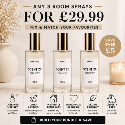 Three Scent 26 designer inspired room sprays promoting the Any 3 for £29.99 bundle offer, featuring long-lasting luxury home fragrances handmade in the UK.