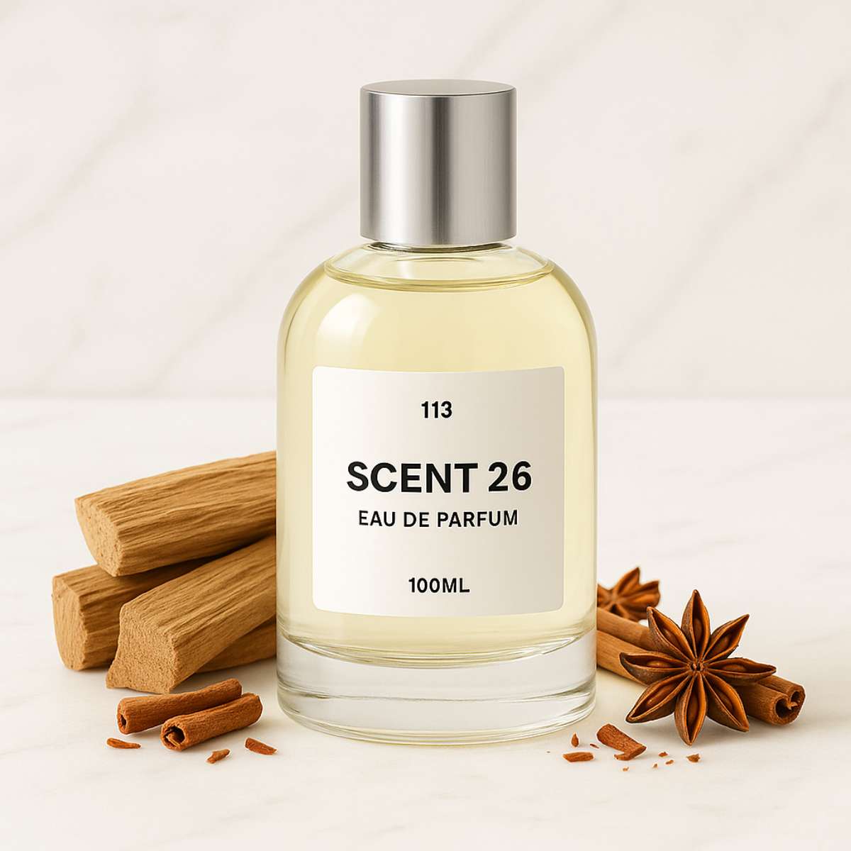 100ml bottle of Santal designer-inspired dupe perfume UK by Scent 26, woody unisex fragrance inspired by Creed Santal