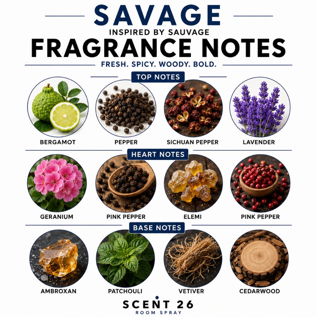 Fragrance notes infographic for Savage Inspired by Sauvage room spray showing bergamot, pepper, lavender, amber and cedarwood notes.