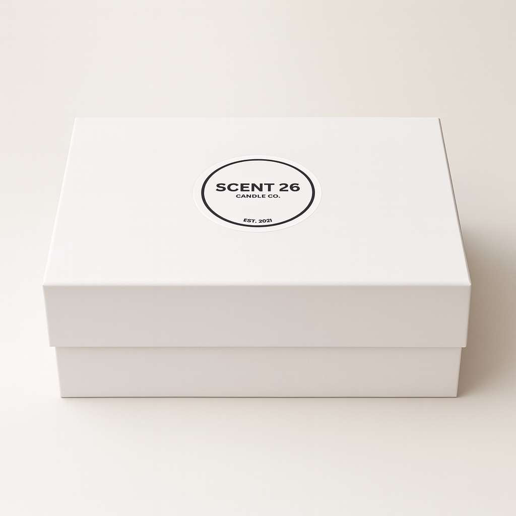 Elegant reusable white magnetic gift box for candles, room sprays, and perfumes.