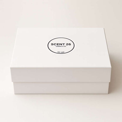 Elegant reusable white magnetic gift box for candles, room sprays, and perfumes.